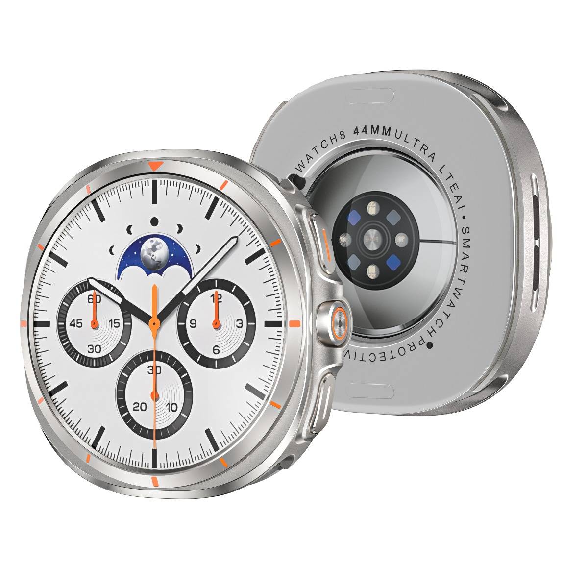Silberne Smartwatch mit weißem analogem Zifferblatt und drei schwarzen Hilfszeigern, von vorne und hinten dargestellt, mit orangefarbenen Akzenten und einer Mondgrafik auf dem Zifferblatt.