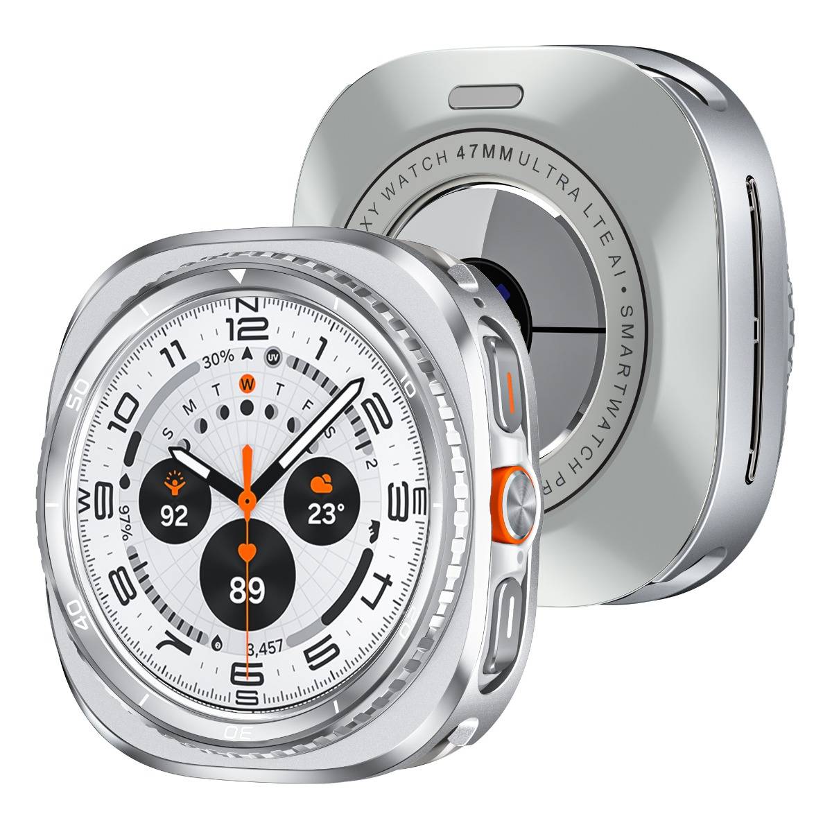 Silberne Apple Watch Ultra mit weißem Zifferblatt, digitale Komplikationen und orangefarbene Akzente, Vorder- und Rückansicht auf weißem Hintergrund.