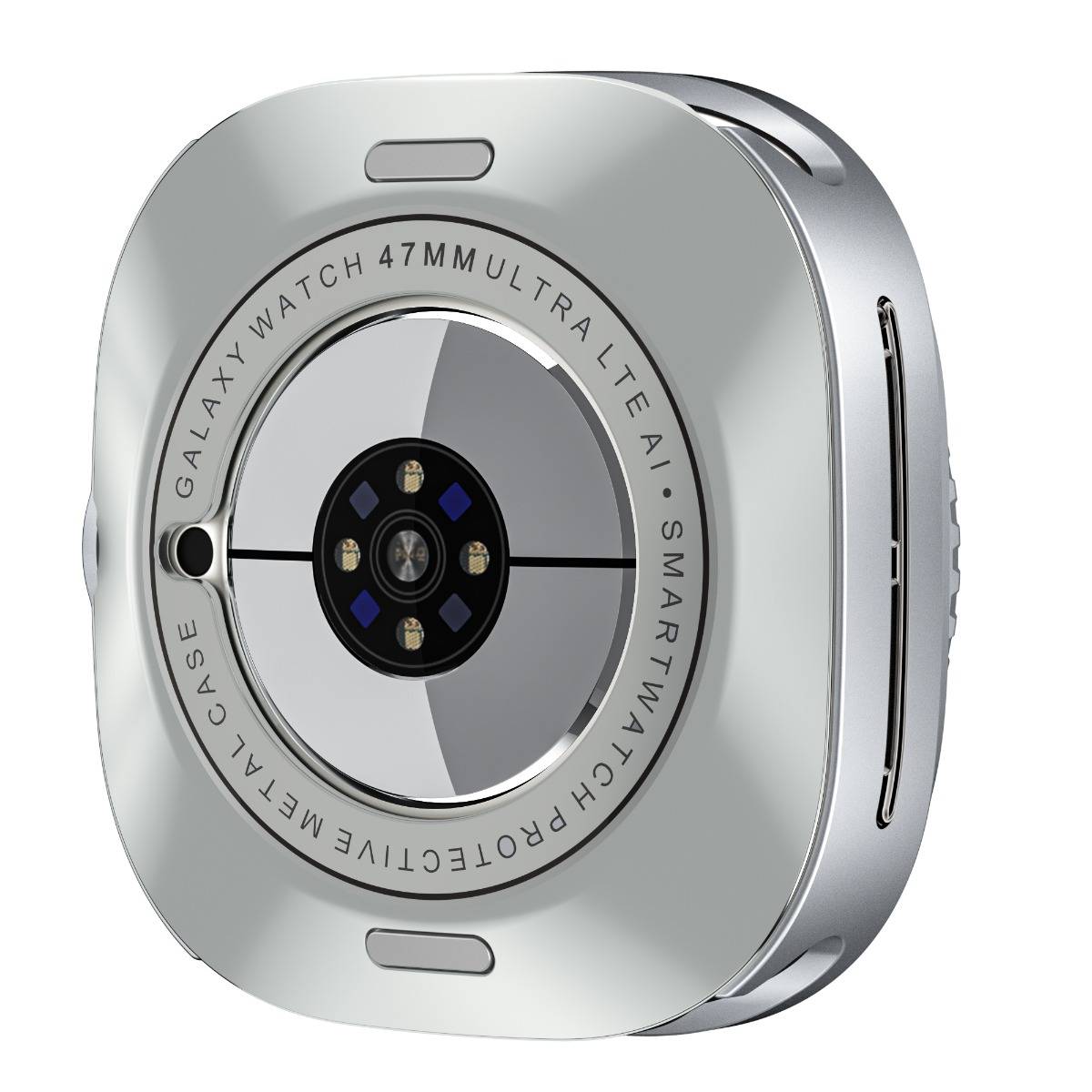 Nahaufnahme der Rückseite einer silbernen Smartwatch mit einem runden Sensor, eingraviert mit "GALAXY WATCH 47MM ULTRA TEAI SMARTWATCH PROTECTIVE METAL CASE"".