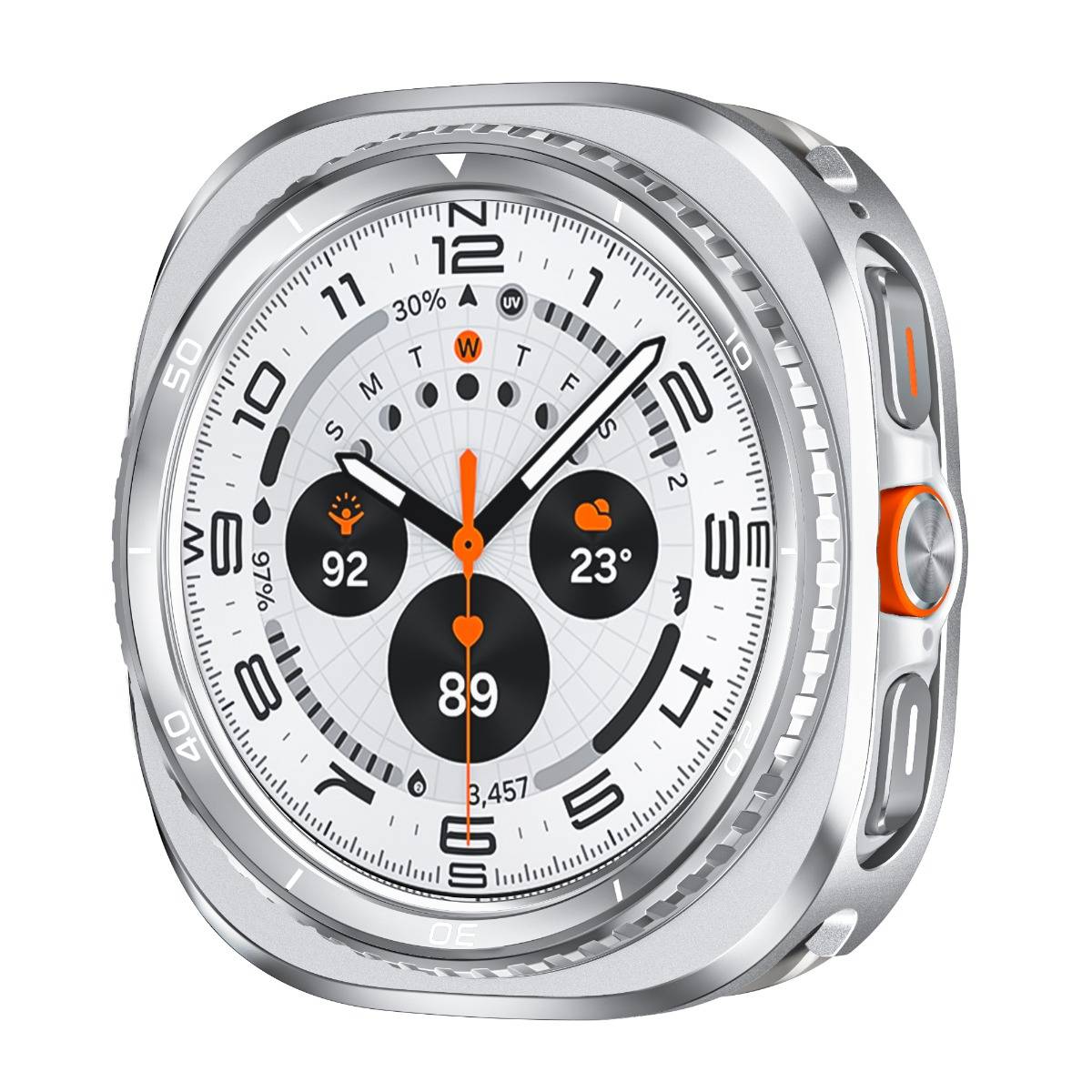 Silberne Smartwatch mit analogem Ziffernblatt, das Fitness-Statistiken anzeigt: 92, 89 und 23° auf einem weißen Zifferblatt mit orangefarbenen Akzenten.