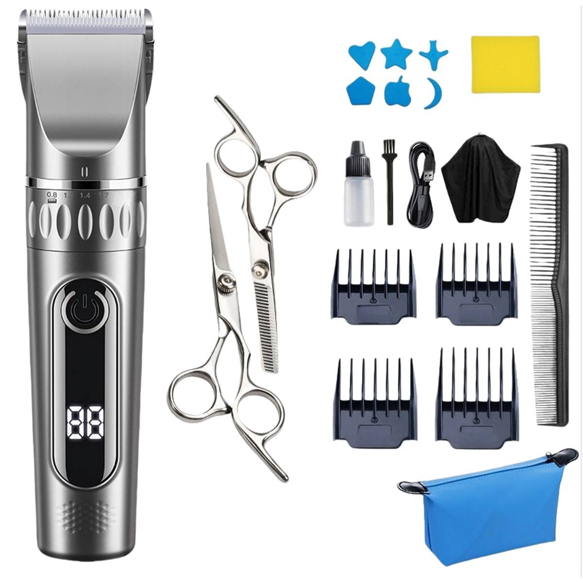 Haarschneidemaschinen-Set mit elektrischem Trimmer, Schere, Kamm, Schutzaufsätzen, Reinigungsbürste, Öl, Umhang und Aufbewahrungstasche auf weißem Hintergrund.