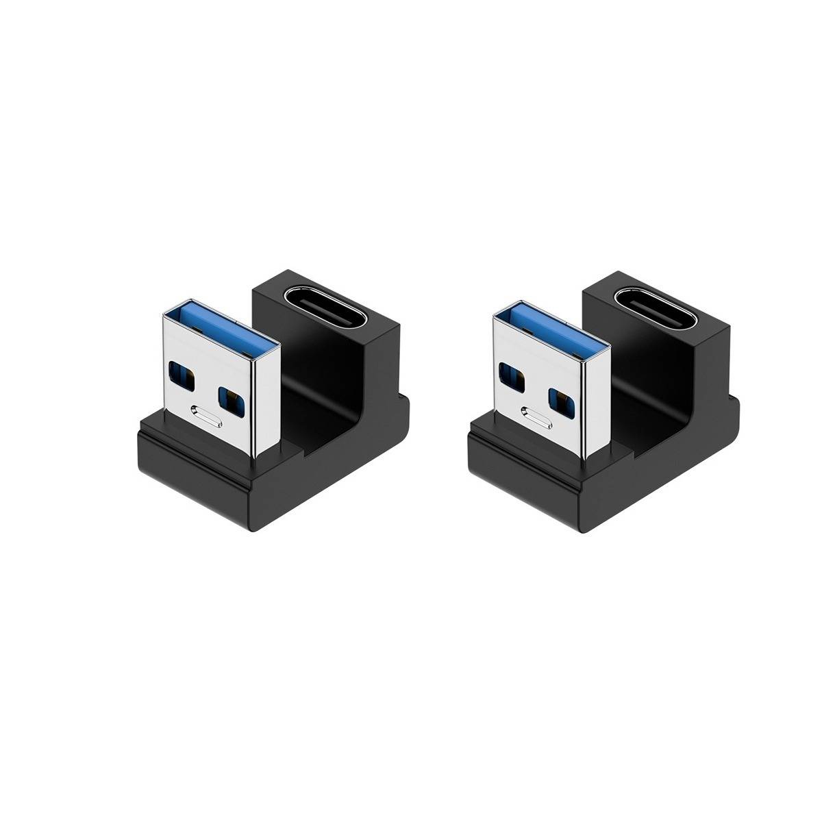 Zwei schwarze USB-A-Speicherstick-Adapter werden nebeneinander gezeigt, jeweils mit einem USB-Stecker, der in ein dockähnliches schwarzes Gehäuse eingesteckt ist.