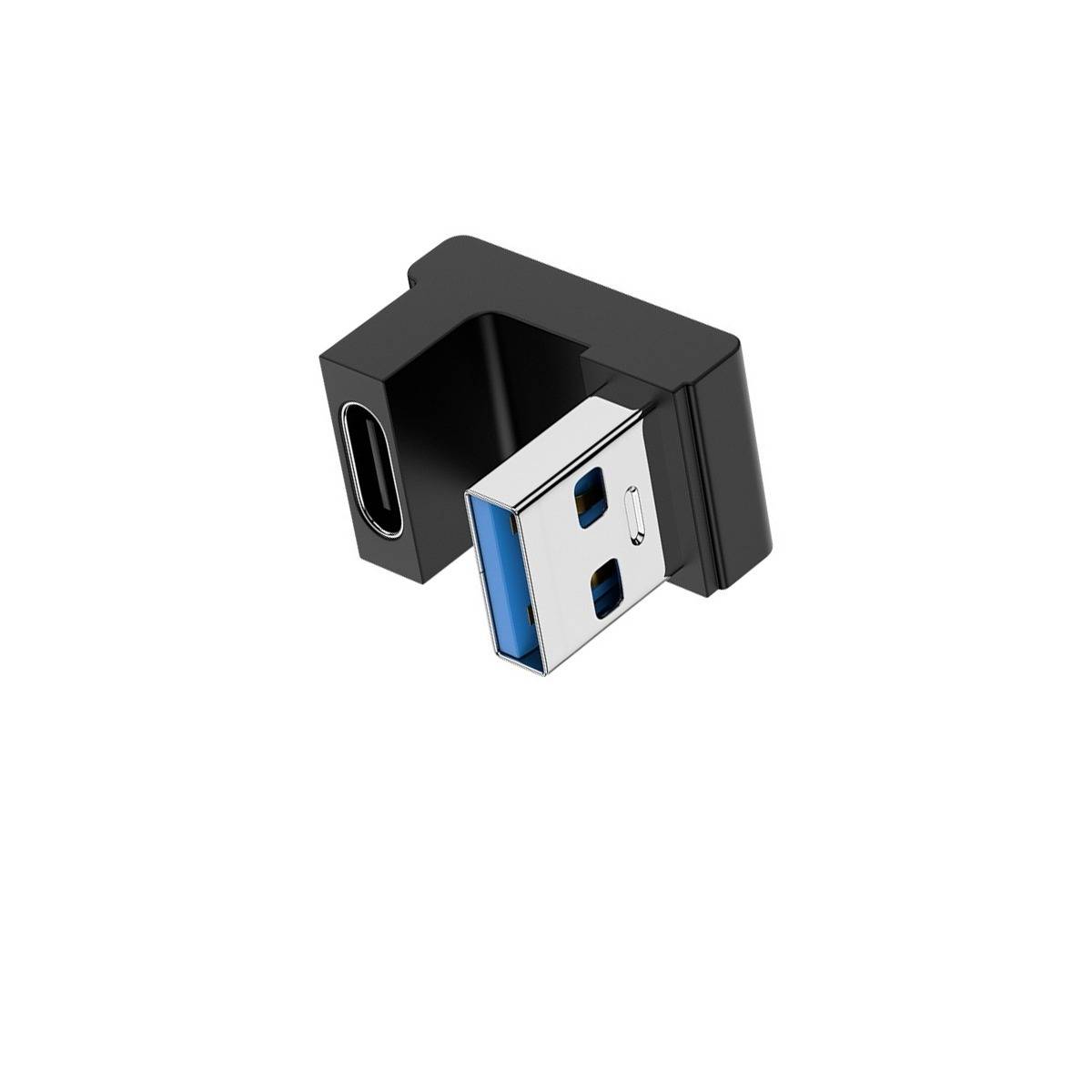 Rechtwinkliger USB-C-zu-USB-A-Adapter mit schwarzem Gehäuse und Metallsteckern auf weißem Hintergrund.