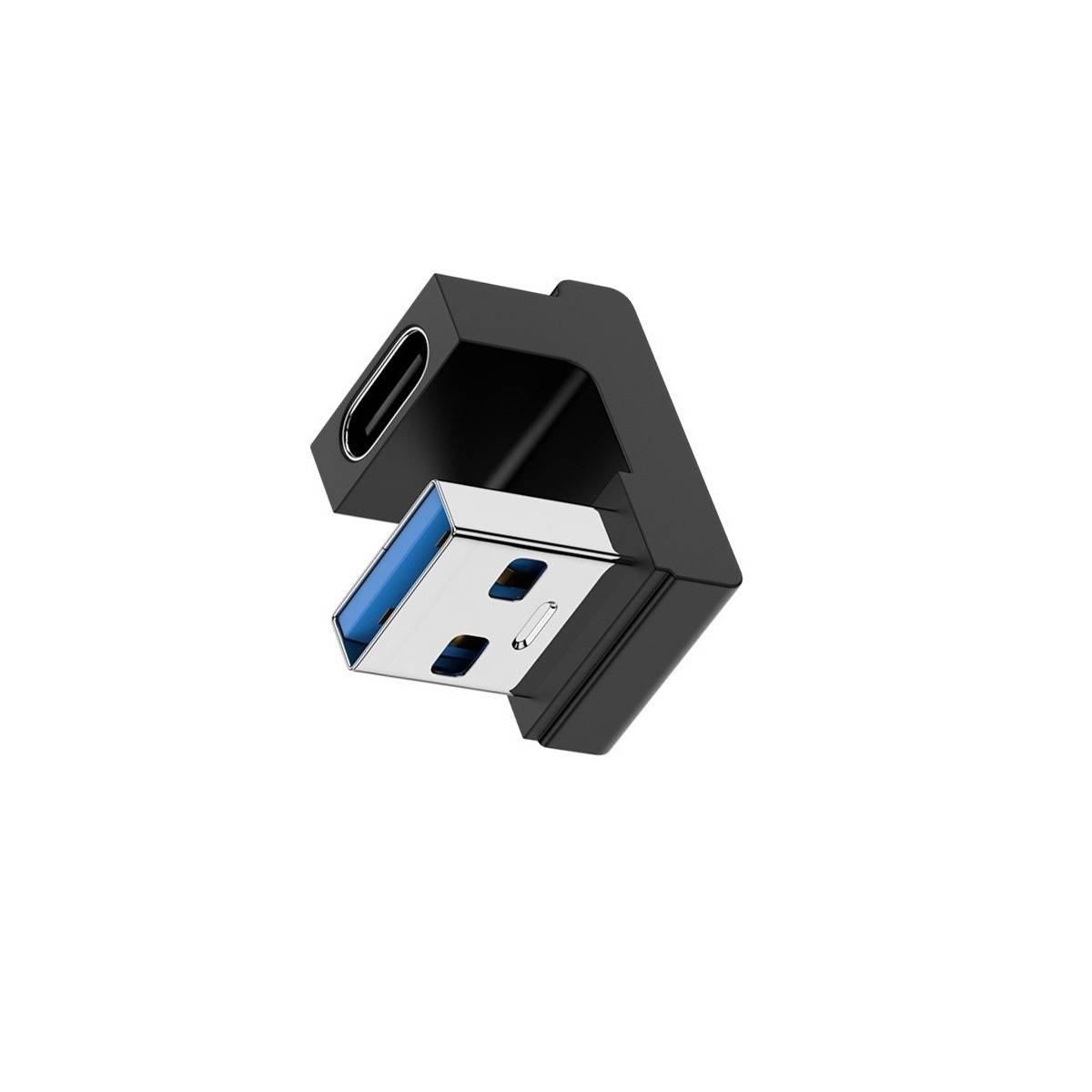 USB-C-zu-USB-A-Adapter im rechten Winkel, in Schwarz und Silber, isoliert auf weißem Hintergrund dargestellt.