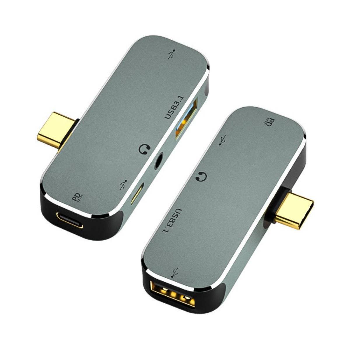Zwei graue USB-C-Adapter mit vergoldeten Anschlüssen, die einen USB-3.1-Adapter und einen USB-3.1-Hub/Adapter aus entgegengesetzten Winkeln zeigen.