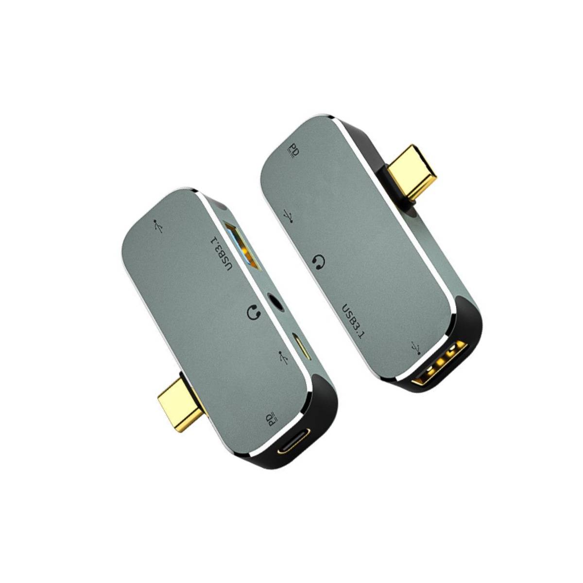 Zwei kompakte USB-C-Hub-Adapter auf weißem Hintergrund, jeder mit mehreren Anschlüssen und einem ausklappbaren USB-C-Stecker.