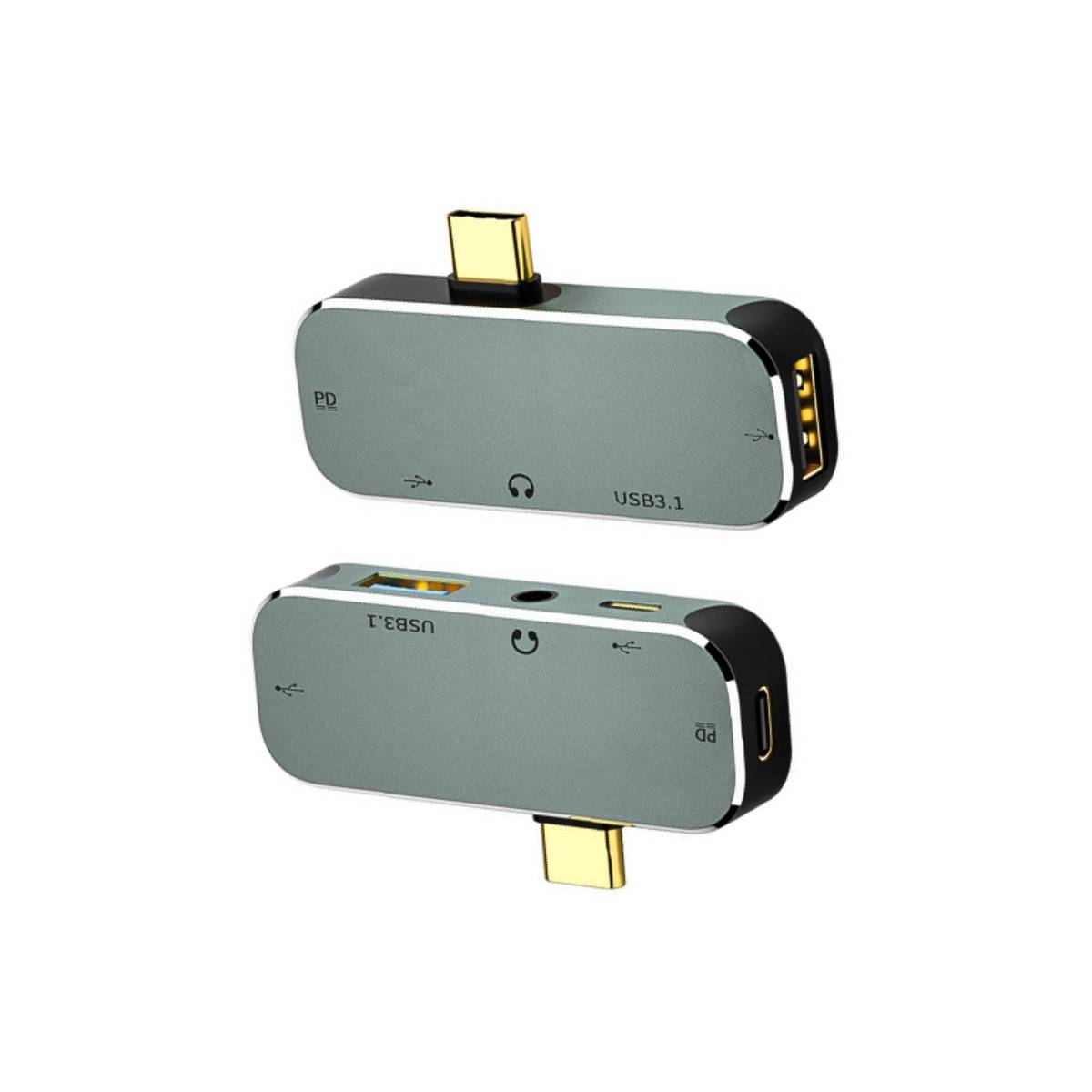 Zwei Ansichten eines USB-C-Adapters mit Durchgangsanschlüssen, dargestellt mit männlichen Steckern oben und unten auf weißem Hintergrund.