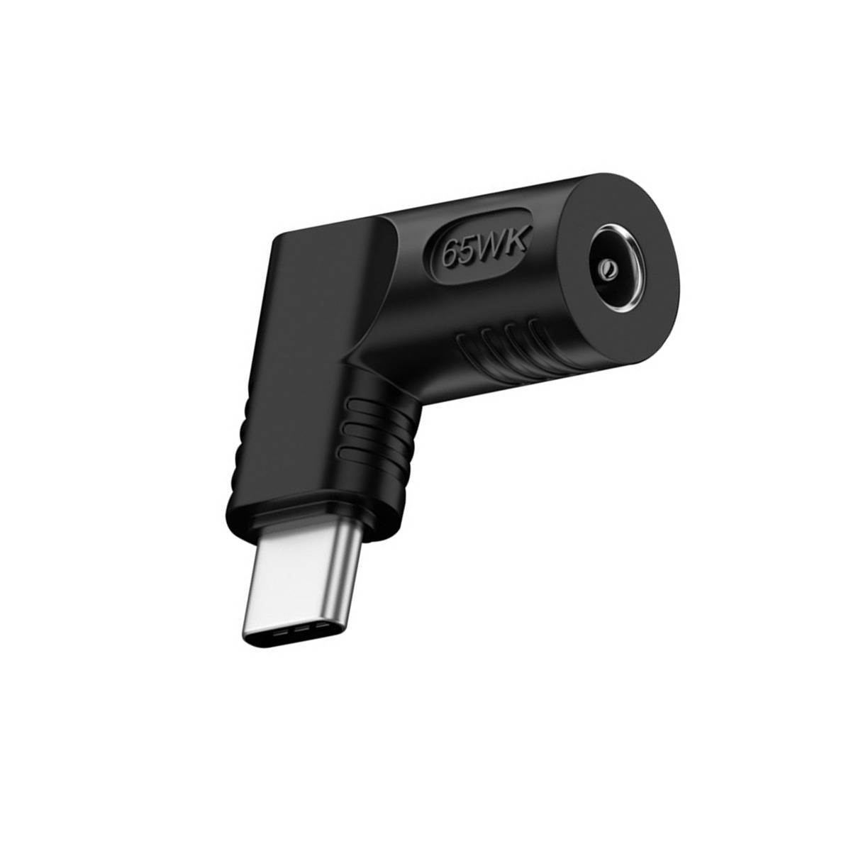 Schwarzer 90-Grad-USB-C-auf-Hohlstecker-Netzteiladapter mit der Bezeichnung '65WK' auf weißem Hintergrund.