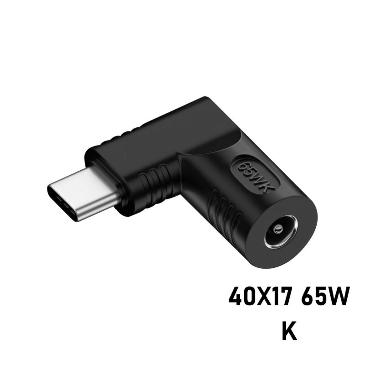 Schwarzer USB-C-Winkelladapters mit der Bezeichnung „40X17 65W K", mit weiblichem DC-Stromausgang an einem Ende und USB-C-Stecker am anderen Ende.