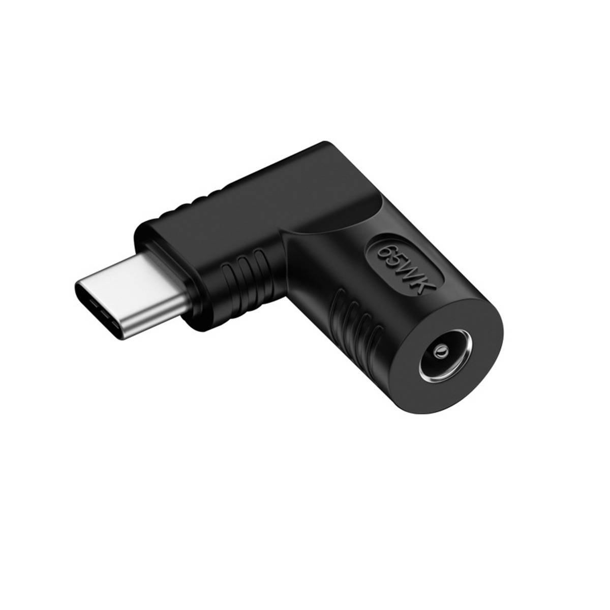 Schwarzer USB-C-Adapter im rechten Winkel mit einer weiblichen runden Strombuchse an der Seite, mit der Aufschrift „85W" auf weißem Hintergrund.