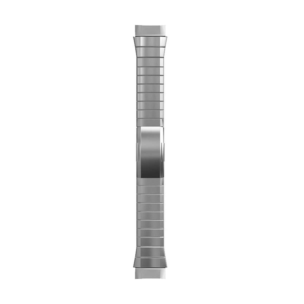 Schlanke silberne Armbanduhr mit langem rechteckigem Metallarmband und dunklem zentralem Zifferblatt, isoliert auf weißem Hintergrund dargestellt.