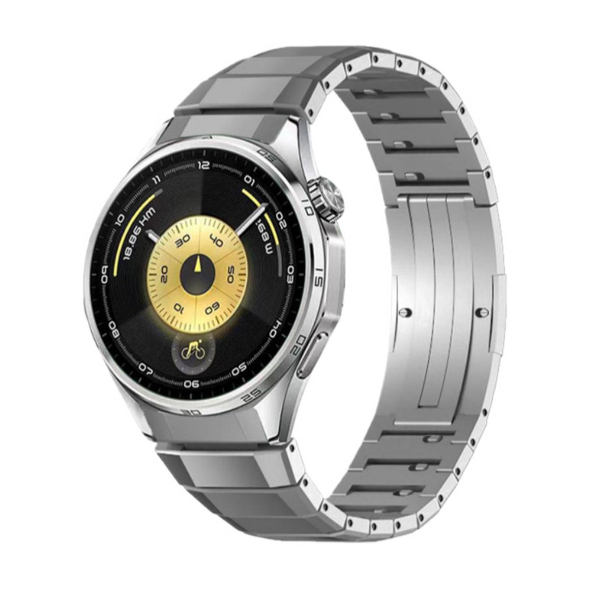 Silberne Smartwatch mit rundem schwarzgelb gestreiftem Zifferblatt und Metallgliedband, auf weißem Hintergrund abgebildet.