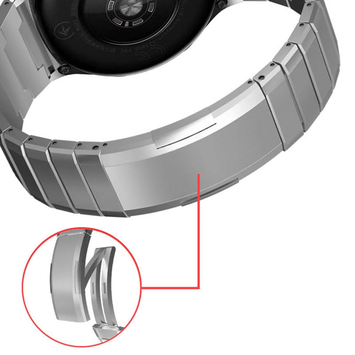 Nahaufnahme einer silbernen Metalluhrenarmband-Schließe mit einem eingefügten Kreis, der den Öffnungsmechanismus der Schließe zeigt.
