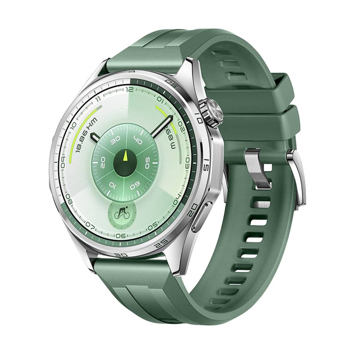 Grüne Smartwatch mit rundem silbernem Gehäuse und passendem grünem Silikonarmband, gezeigt auf weißem Hintergrund.