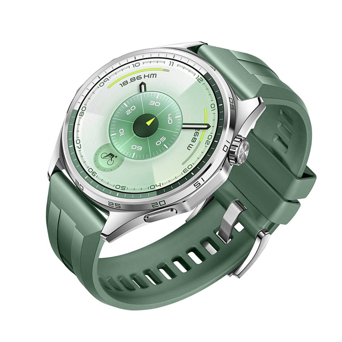 Grüne Smartwatch mit rundem Silbergehäuse und passendem Silikonarmband, dargestellt in einer produktstilisierten Nahaufnahme auf weißem Hintergrund.