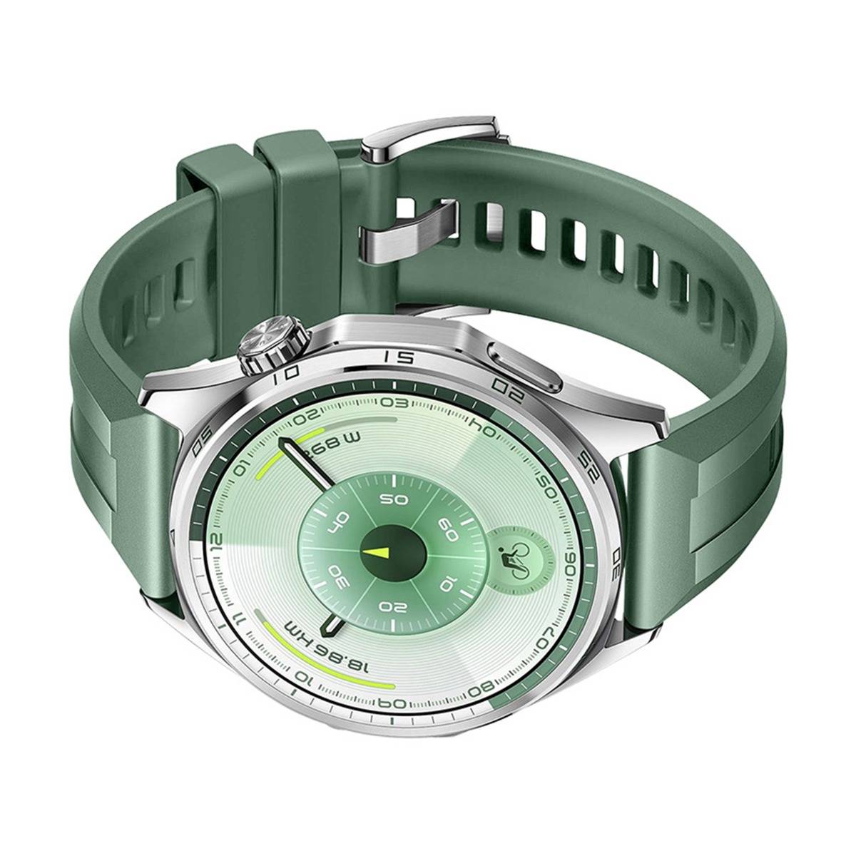 Grüne und silberne Armbanduhr mit rundem Zifferblatt, digitalen Ziffernblattmarkierungen und passendem grünem Silikonarmband, dargestellt auf weißem Hintergrund.
