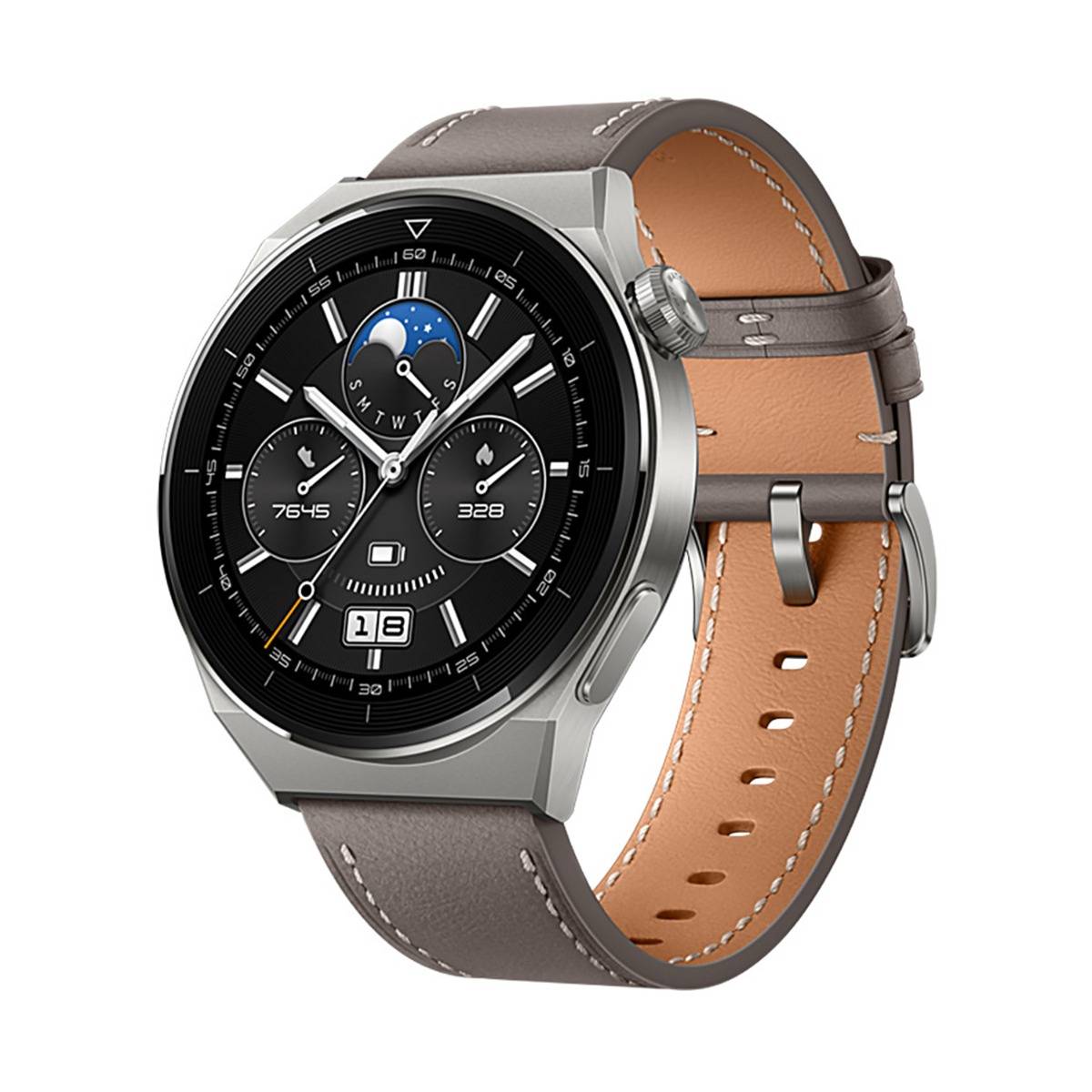 Silberne Smartwatch mit schwarzem rundem Zifferblatt, mehreren Unterblättern und braunem Lederarmband auf weißem Hintergrund.
