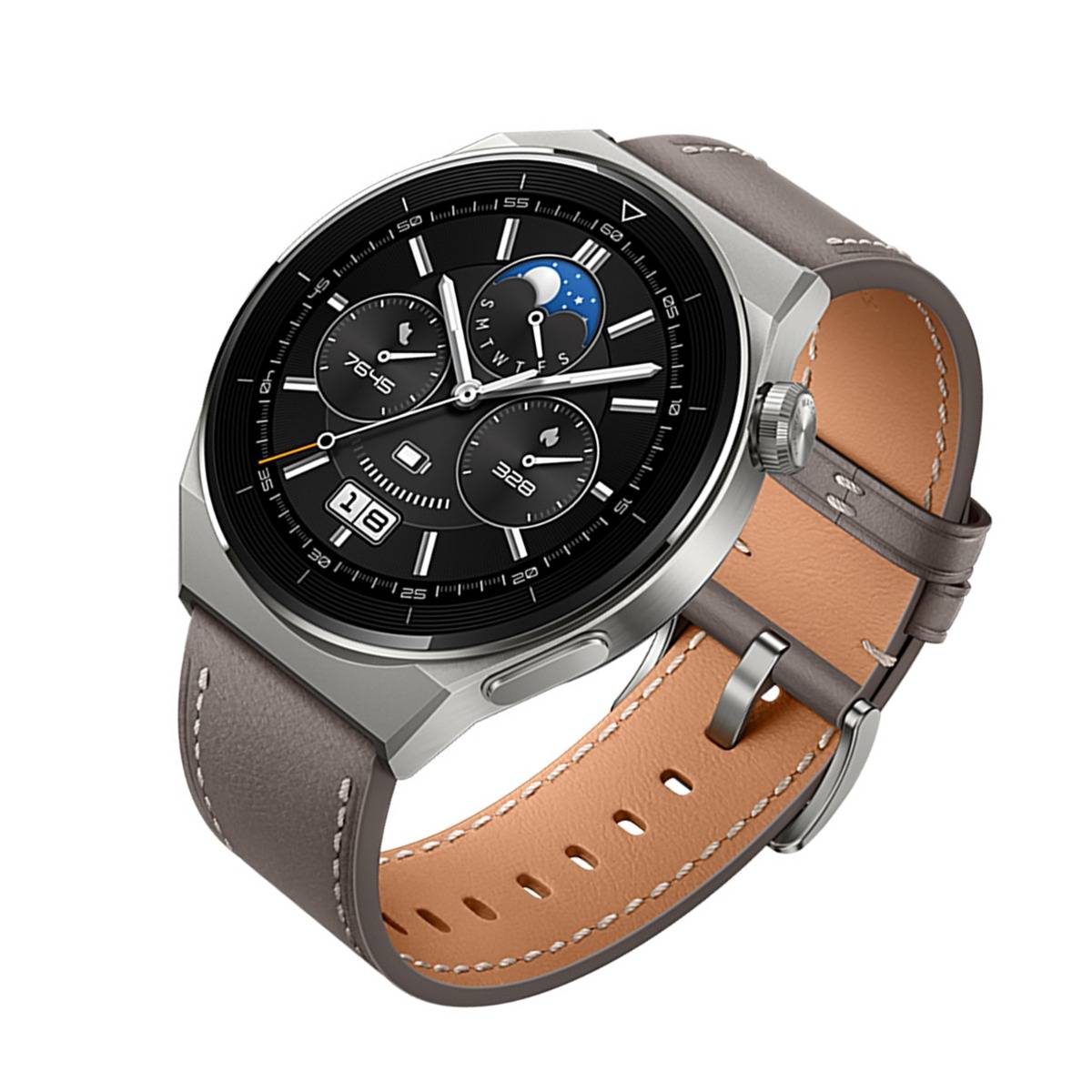 Eine silber-schwarze analoge Smartwatch mit braunem Lederarmband, mit mehreren Zeigerindikatoren und einer Datumsanzeige.