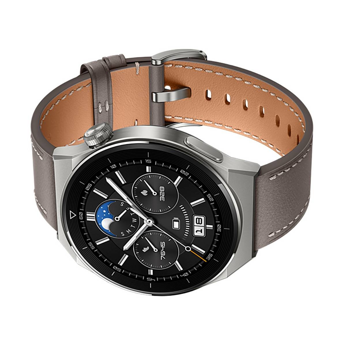 Silberne Smartwatch mit schwarzem Zifferblatt und braunem Lederarmband, schräg auf weißem Hintergrund abgebildet.