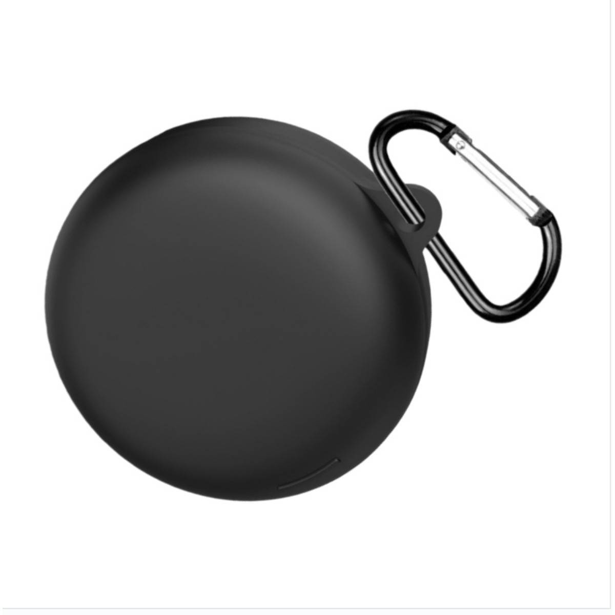 Schwarzes rundes Etui mit einer befestigten Karabinerklammer, gezeigt auf weißem Hintergrund.