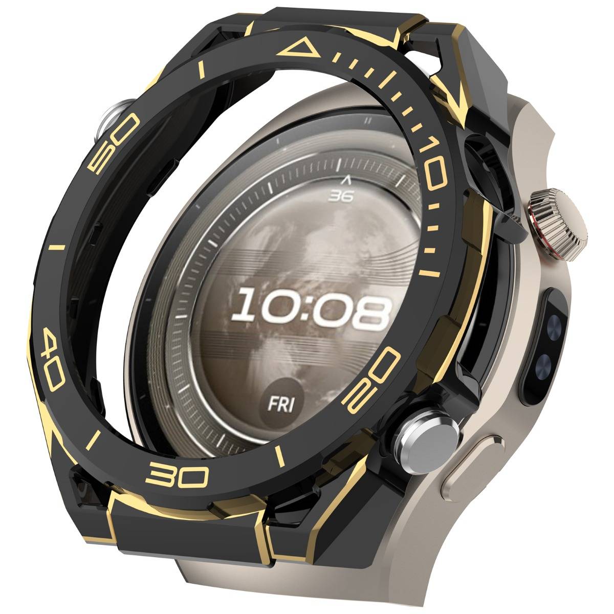 Schwarze und goldene robuste Smartwatch mit Runddisplay, das 10:08 und FRI anzeigt.