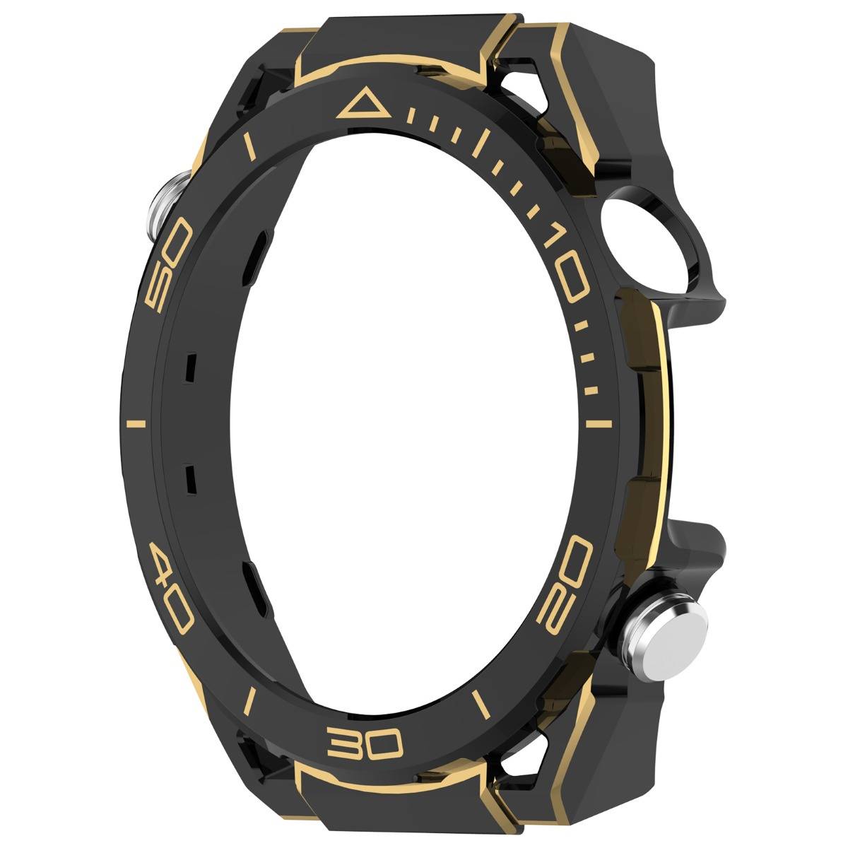 Schwarze und goldene Uhrlünette mit Gehäuse und Ring mit Minutenmarkierungen und Seitentasten, isoliert auf weißem Hintergrund dargestellt.