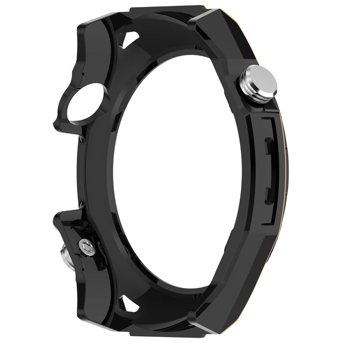 Schwarzes rundes Metallgehäuse/Ring der Uhr mit Seitentasten, isoliert auf weißem Hintergrund dargestellt.