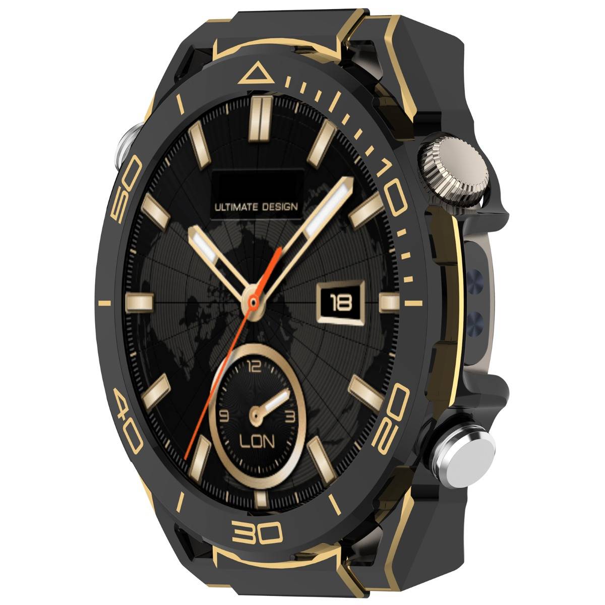 Schwarz-goldene analoge Armbanduhr mit Datumsanzeige, "ULTIMATE DESIGN"" auf dem Zifferblatt und einem kleinen ""LON"" Hilfszeiger.