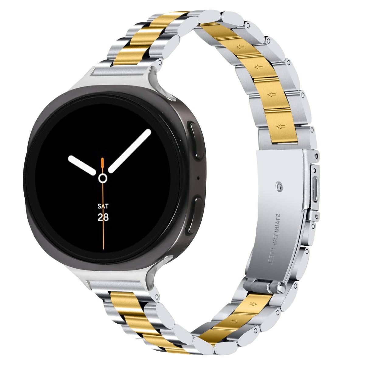 Silberne und goldene Smartwatch mit rundem schwarzen Zifferblatt und Gliederkette, im Winkel auf weißem Hintergrund dargestellt.