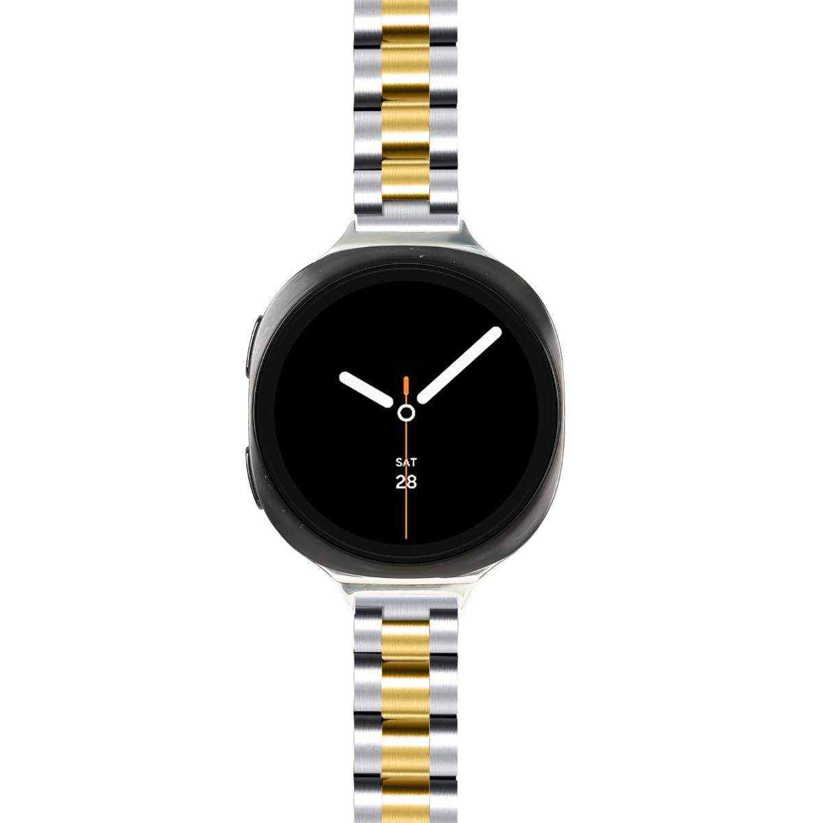 Rundige Smartwatch mit schwarzem Zifferblatt und silber-goldenem Metallarmband, zeigt Analogzeiger und Datum „SA 28".