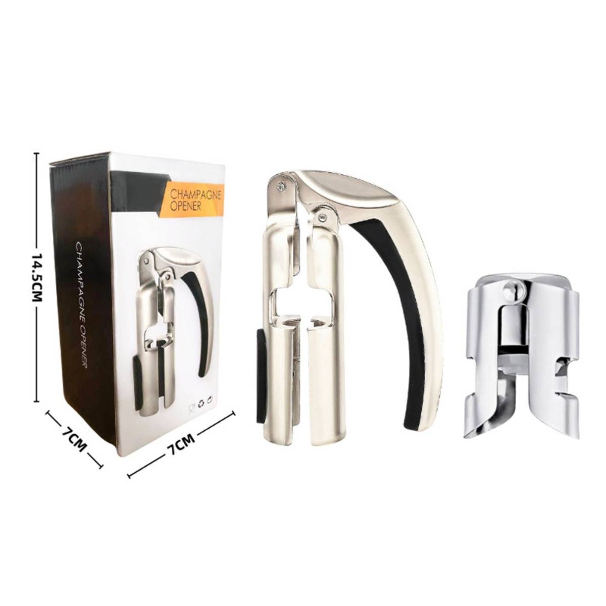 Produktbild eines Champagneröffners-Sets, das die verpackte Schachtel und zwei metallische Öffnerwerkzeuge mit schwarzem Griff und silberner Befestigung zeigt, mit Größenetiketten 14,5 cm x 7 cm.