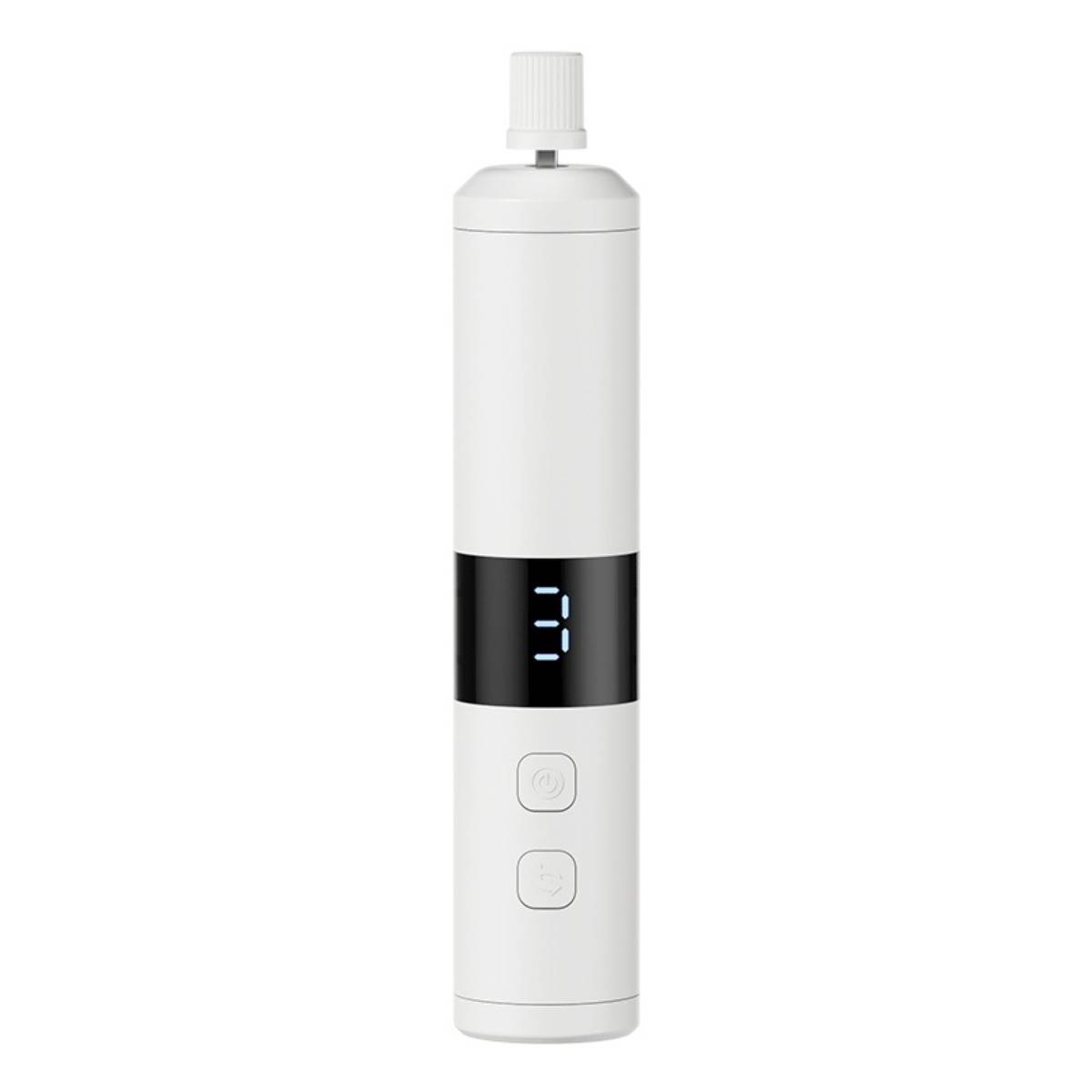 Weißer Elektrozahnbürsten-Griff mit digitaler Batterieanzeige, die 3 anzeigt, und zwei Steuertasten.