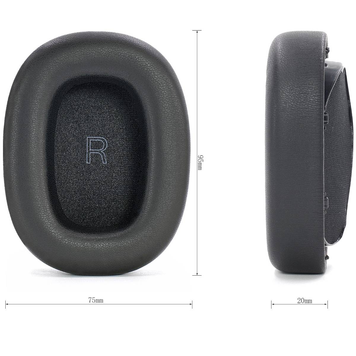 Schwarzes ovales Ohrpolster mit der Bezeichnung "R"", von vorne und von der Seite dargestellt, mit Abmessungen von 95 mm Höhe, 75 mm Breite und 20 mm Tiefe.