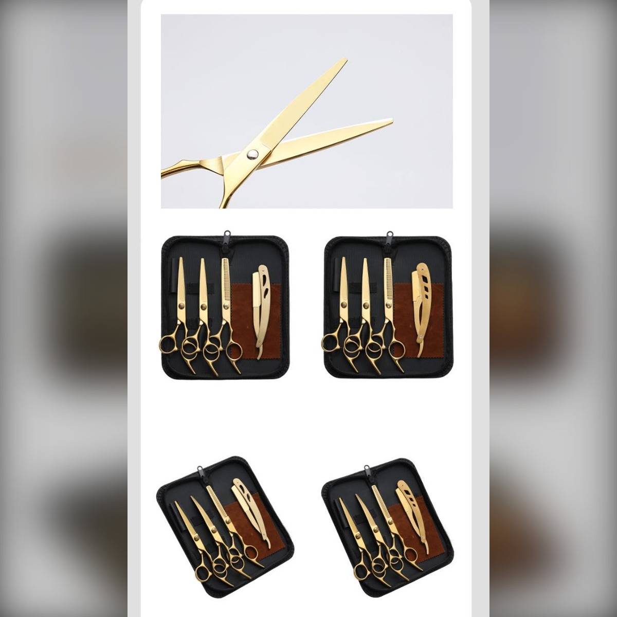 Produktcollage mit goldenen Nähschere und schwarzem Etui mit zugehörigen Maniküre- oder Stickerei-Werkzeugsätzen in vier Ansichten angeordnet.