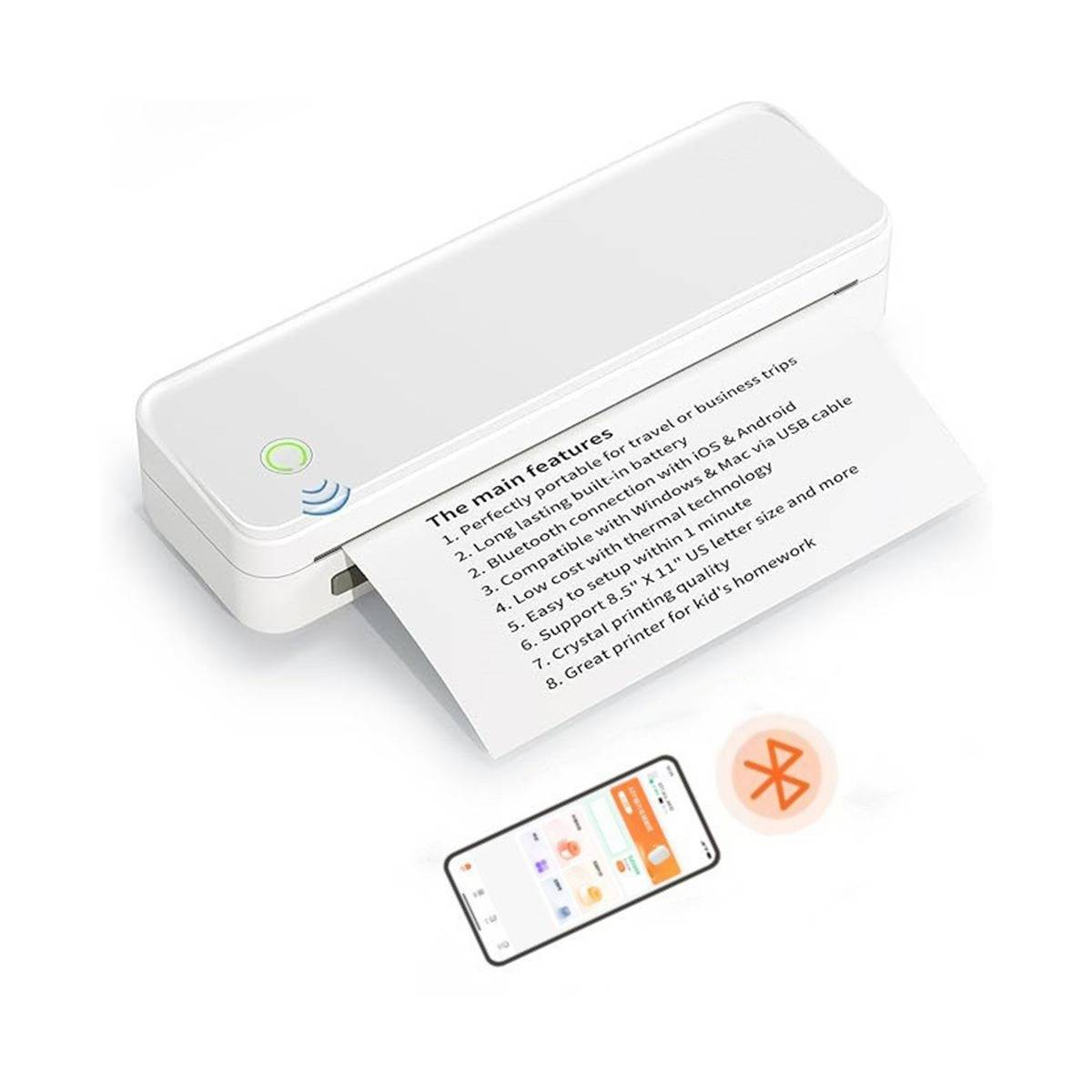 Tragbarer weißer Mini-Drucker, der eine Funktionsliste von einem Smartphone über Bluetooth auf weißem Hintergrund druckt.