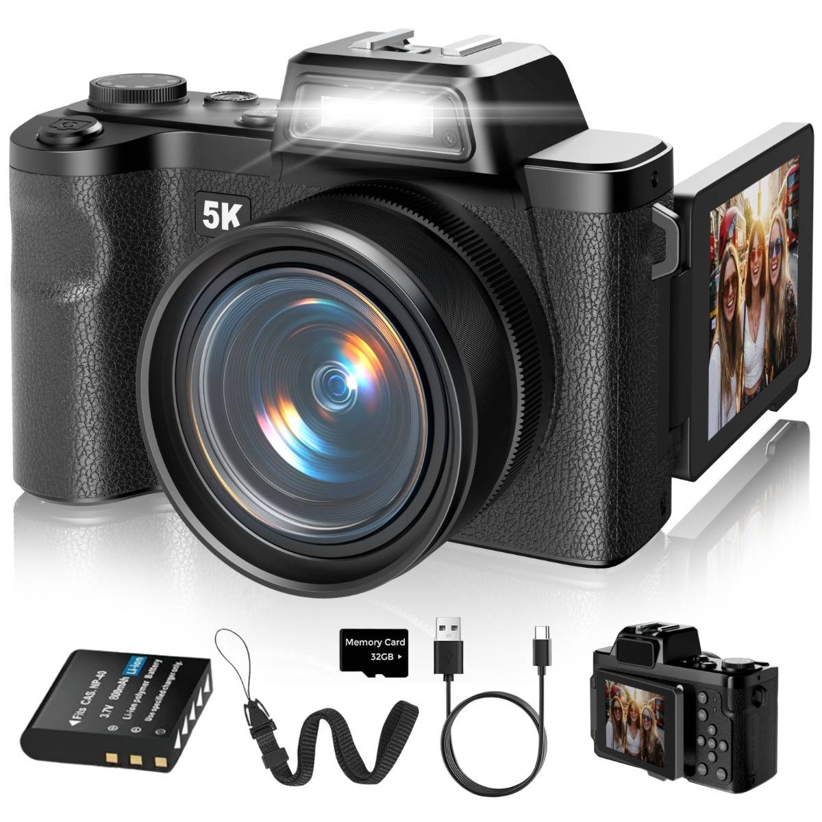 5K-Digitalkamera mit großem Objektiv, eingebautem Blitz, ausklappbarem Display, Akku, Speicherkarte, USB-Kabel und Handgelenkschlaufe als Produktset dargestellt.