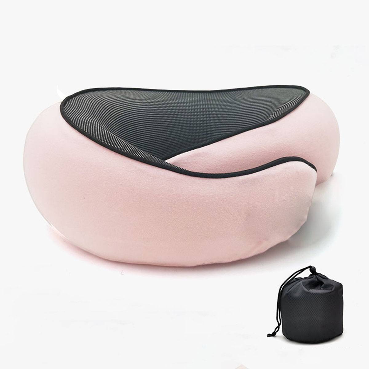 Rosa U-förmiges Reisekissen für den Nacken mit schwarzem Mesh-Oberteil, dargestellt mit einem kleinen schwarzen Aufbewahrungsbeutel mit Kordelzug.