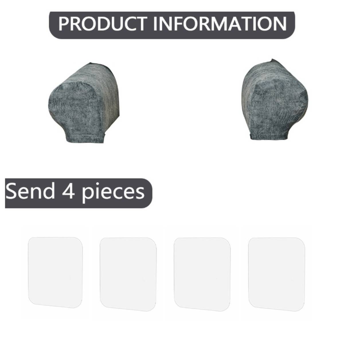 Produktinformationsgrafik mit zwei Ansichten eines grau bezogenen Gegenstands und dem Text „4 Stück senden