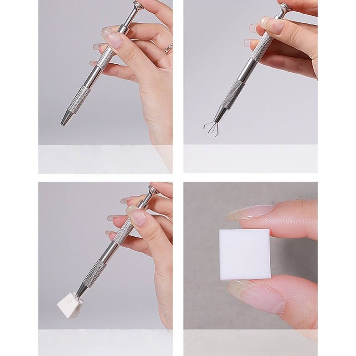 Vierplattiges Produktbild, das ein metallisches Handwerkzeug mit verschiedenen austauschbaren Spitzen zeigt, einschließlich einer gebogenen Drahtspitze, einer weißen würfelförmigen Spitze und einem kleinen weißen Block, der zwischen den Fingern gehalten wird.