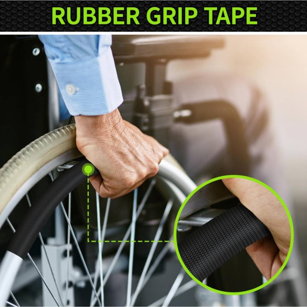 Hand, die ein Rollstuhlrad greift, mit schwarzem „GUMMIGRIFFBAND