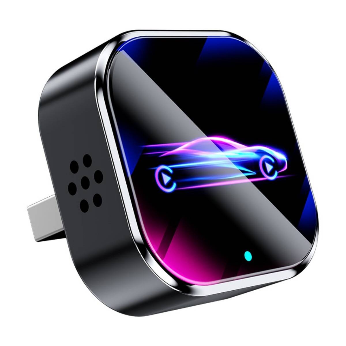 Schwarzes quadratisches Stecker-Gerät mit einem Neon-Autosymbol auf der Vorderseite, das ein autogesteuertes intelligentes Nachtlicht oder einen Raumlufterfrischer andeutet.