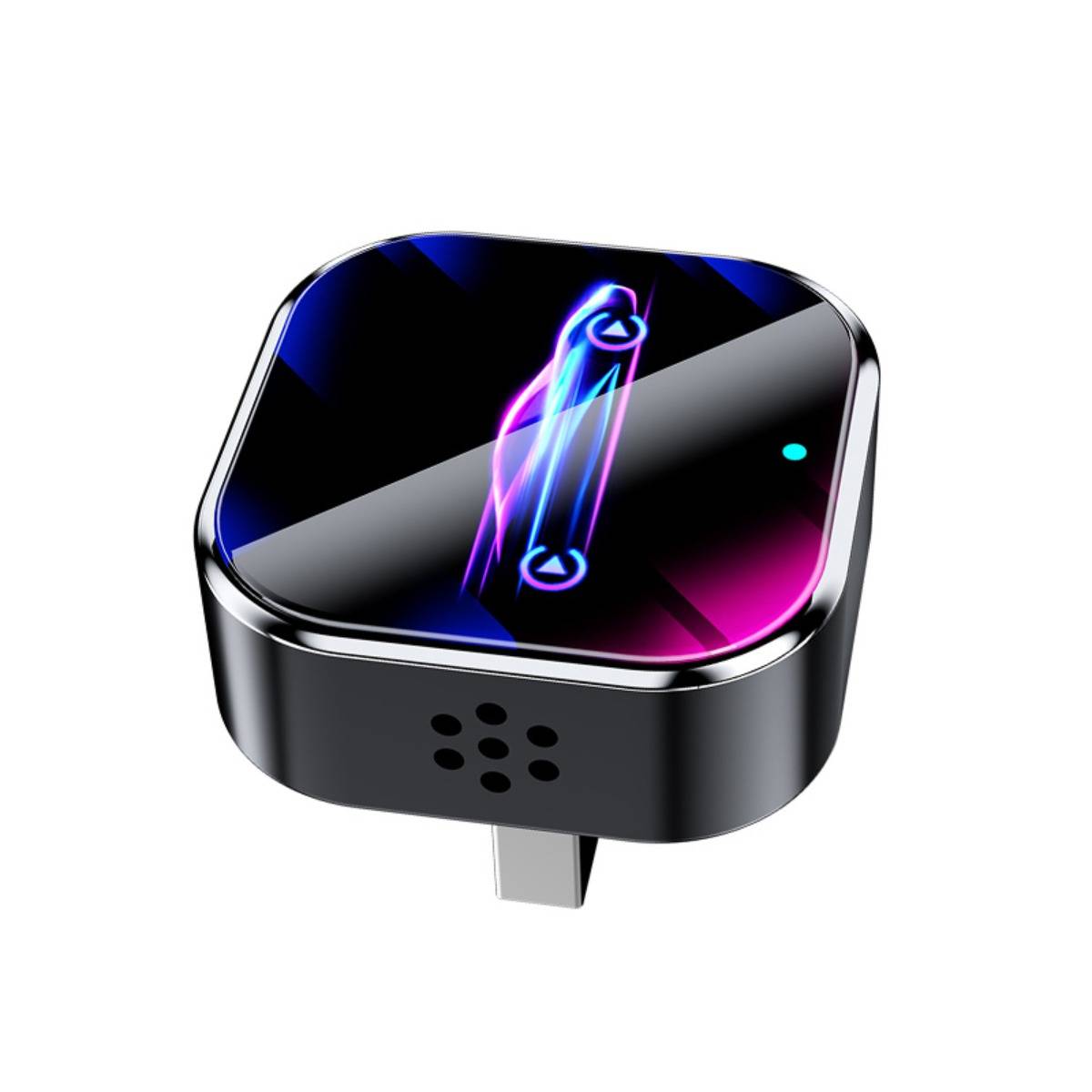 Quadratisches schwarzes elektronisches Gerät mit glänzendem Neon-Display und USB-Stecker, dargestellt auf weißem Hintergrund.