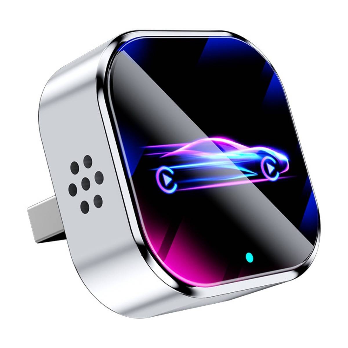 Kompaktes Plug-in-Smart-Home-Gerät mit glänzend schwarzem Bildschirm, das ein Neon-Auto-Symbol anzeigt und auf ein fahrzeugbezogenes Tracking- oder Ladegerät hinweist.