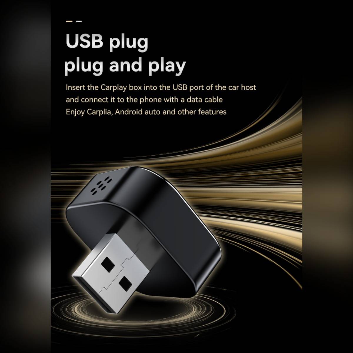 Werbegrafik eines USB CarPlay-Adapters mit Text: „USB-Stecker einfach einstecken und spielen"; weist an, die CarPlay-Box in den USB-Anschluss des Autos einzustecken und mit dem Telefon zu verbinden.