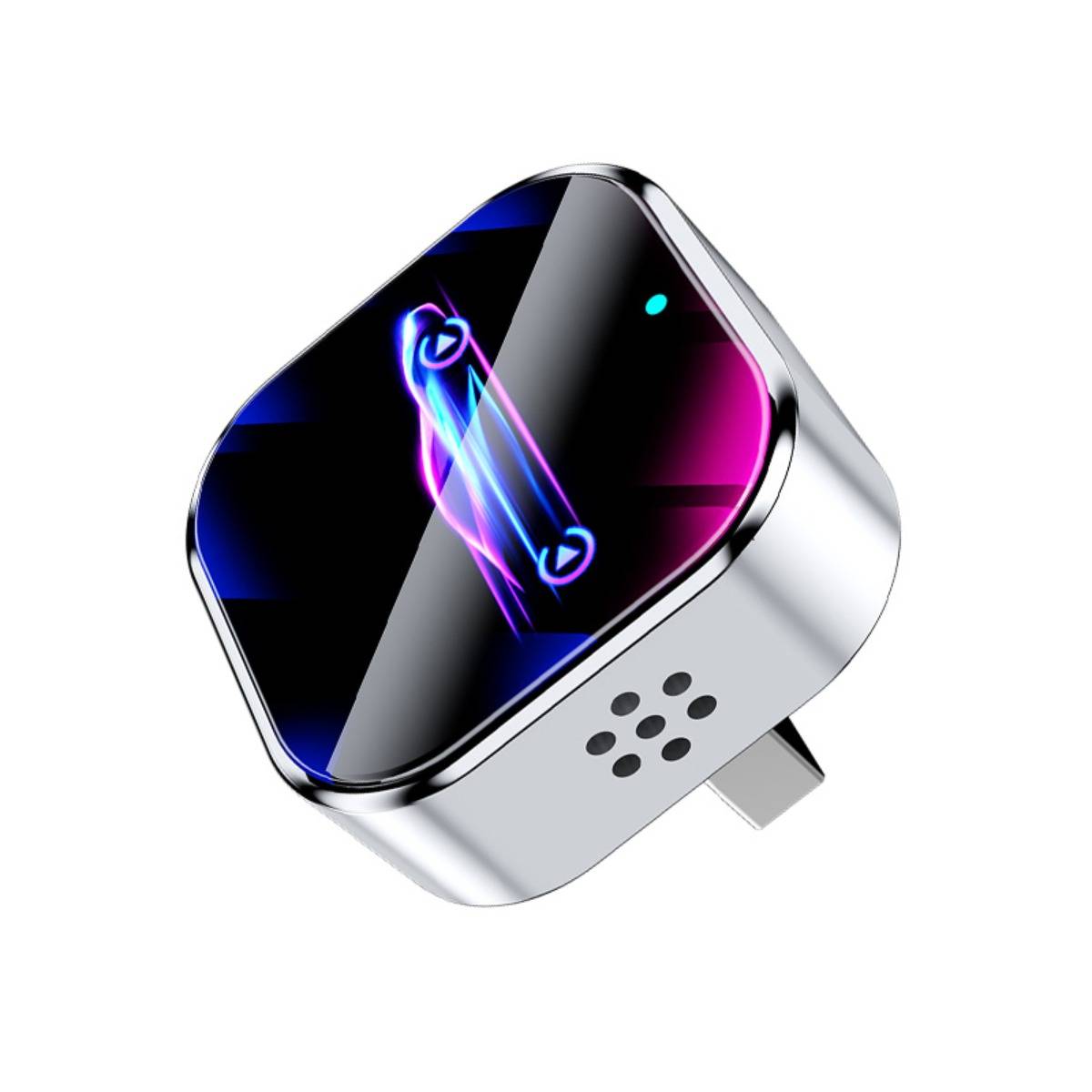 Kompaktes Plug-in-Gerät mit glänzendem schwarzem Display, das neonblaue und rosafarbene Pfeilgrafik zeigt, silbernen Seiten und Wandsteckern auf weißem Hintergrund.