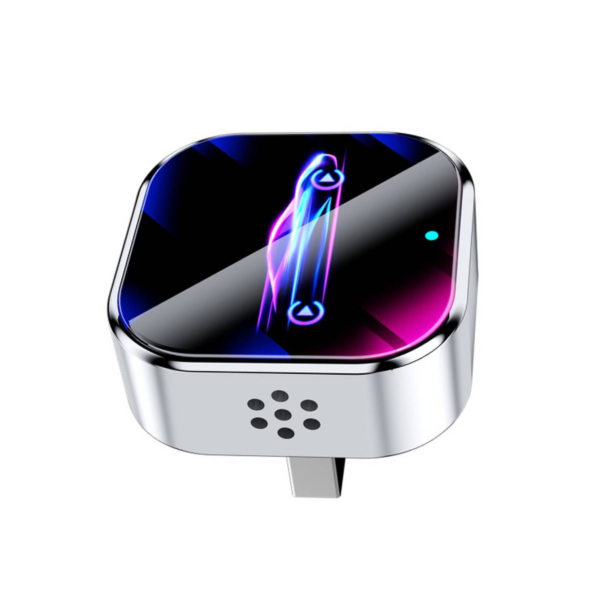 Quadratisches metallisches intelligentes Gerät mit glänzend schwarzer Oberseite, neonblau-violettem Display und vorderen Lautsprecherlöchern