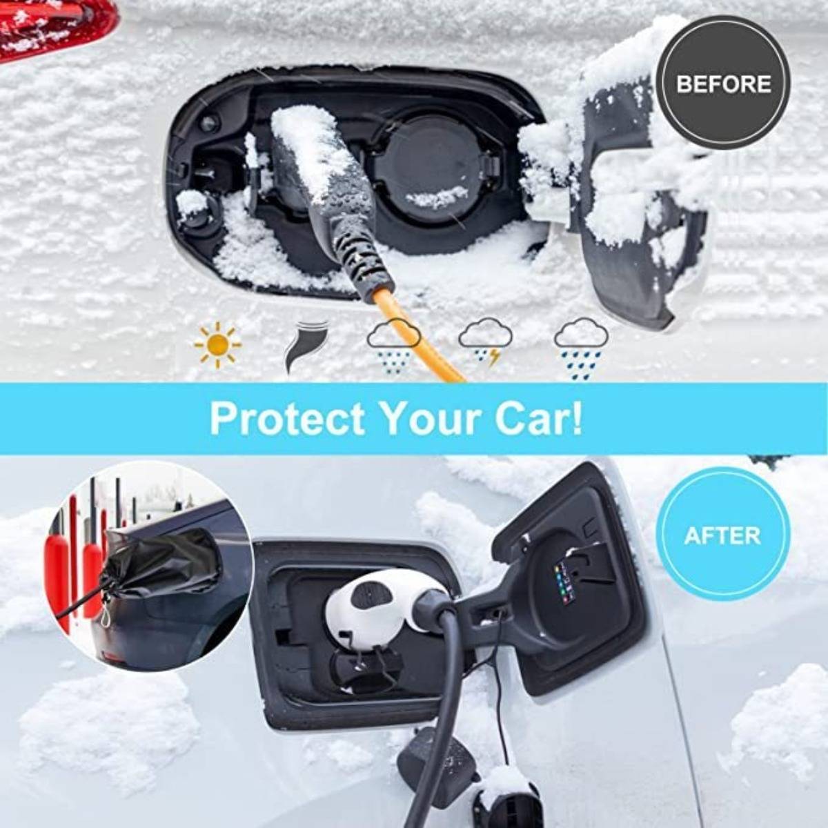 Vorher-und-Nachher-Bild eines EV-Ladeanschlusses eines Autos, der mit Schnee bedeckt ist, mit einem Schutzbezug, der ihn sauber hält; Text sagt "Schützen Sie Ihr Auto!"