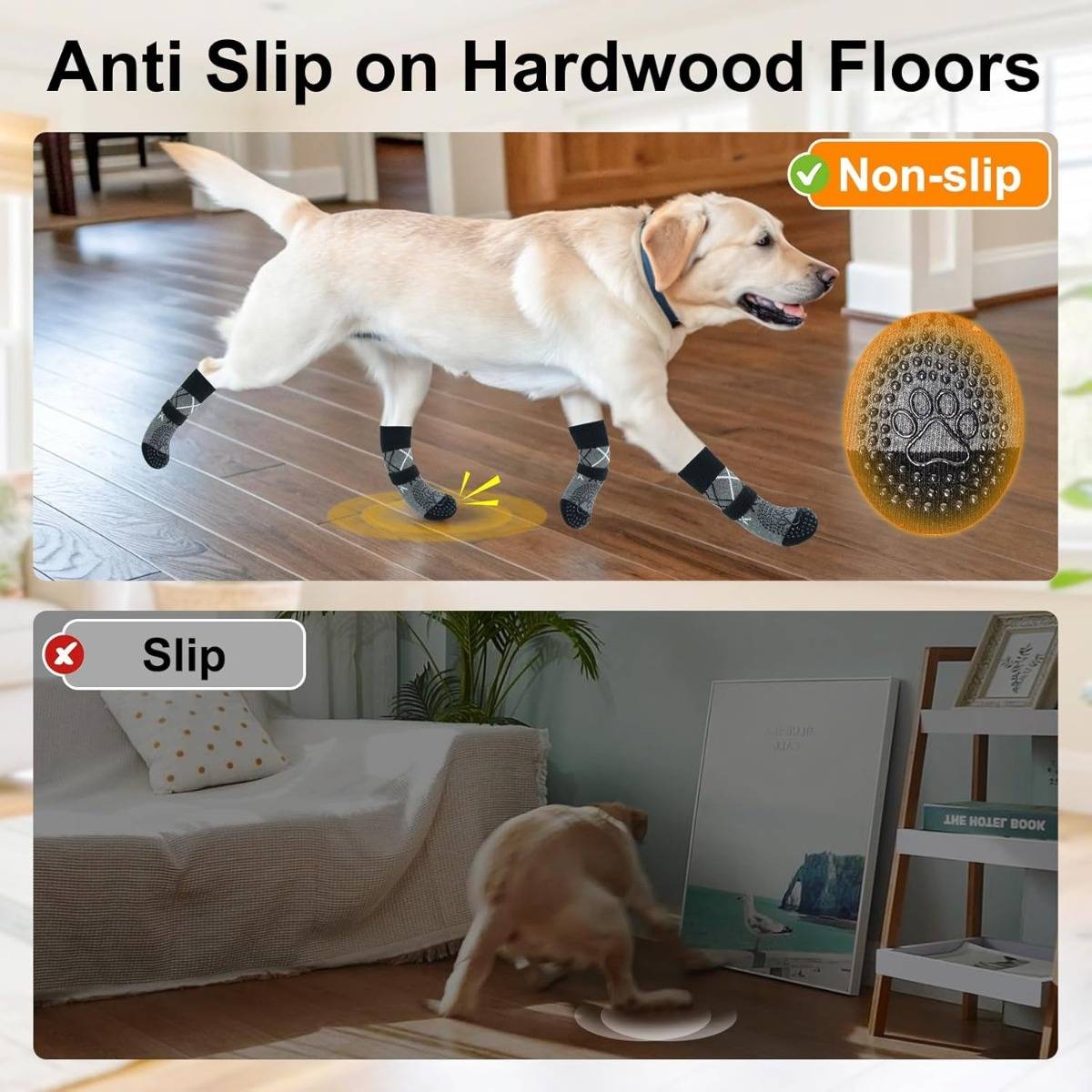 Werbegrafik mit einem Hund, der schwarze rutschfeste Socken auf Parkettböden trägt, wobei sichere Bodenhaftung mit einem rutschenden Hund mit der Beschriftung „Rutsch
