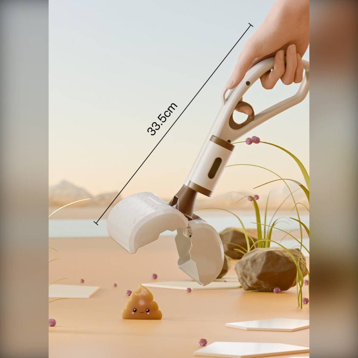 Hand hält ein klammerähnliches Greifwerkzeug über einer kleinen lächelnden kackaförmigen Figur; beschriftet mit Länge 33,5 cm.