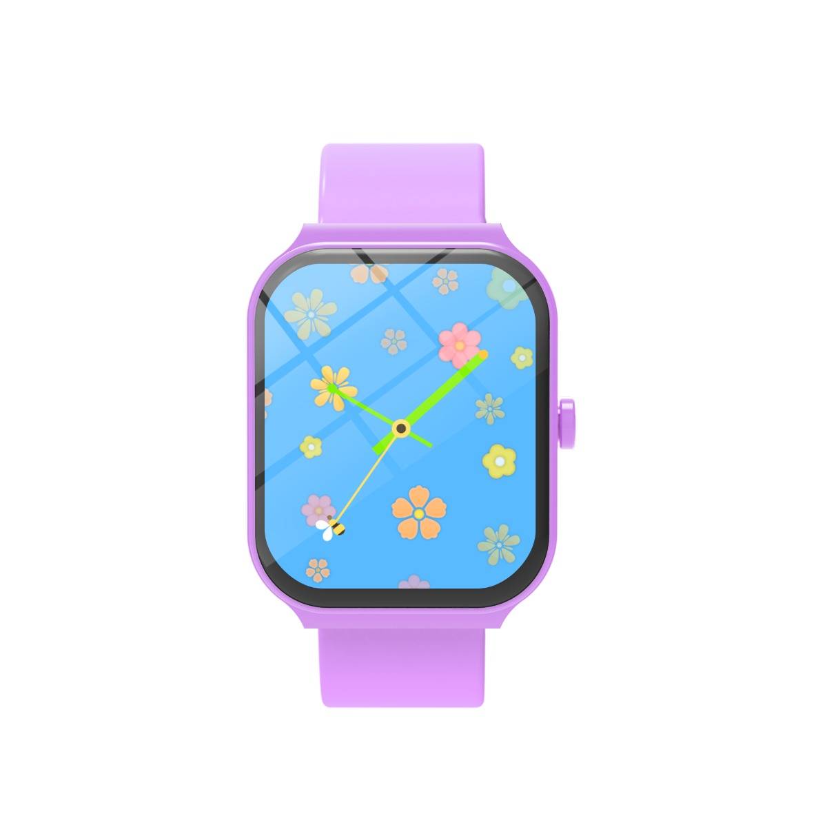 Violette Smartwatch mit einem blauen Blumenzifferblatt und lindgrünen Zeigern auf einfachem weißem Hintergrund.